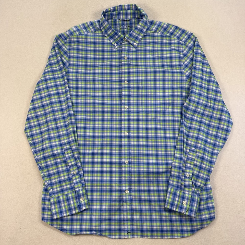 Vineyard Vines Mens Large Blue Green Plaid Long Sleeve OTG Brr Performance Shirt - Picture 2 of 6